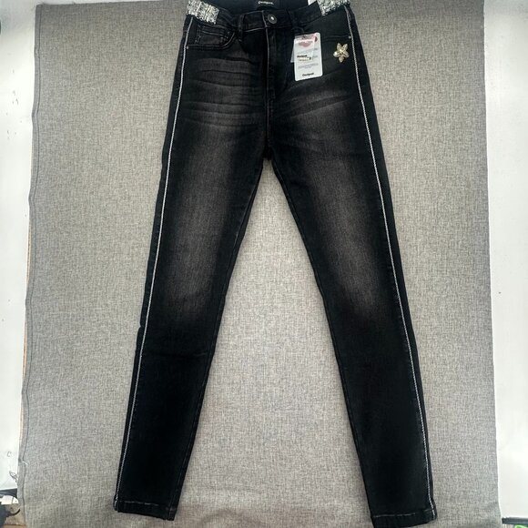 NEW! Desigual Exotic Skinny Jeans‎ 28 waist Black Embellished Cotton blend - Picture 2 of 16
